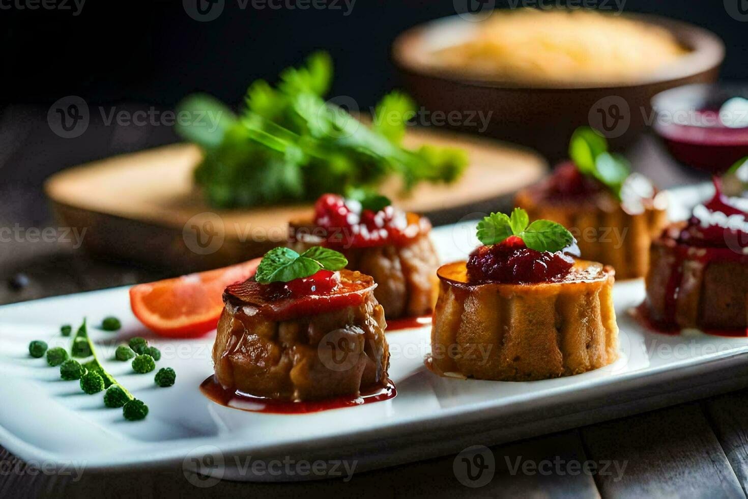 small cakes with sauce on a white plate. AI-Generated photo