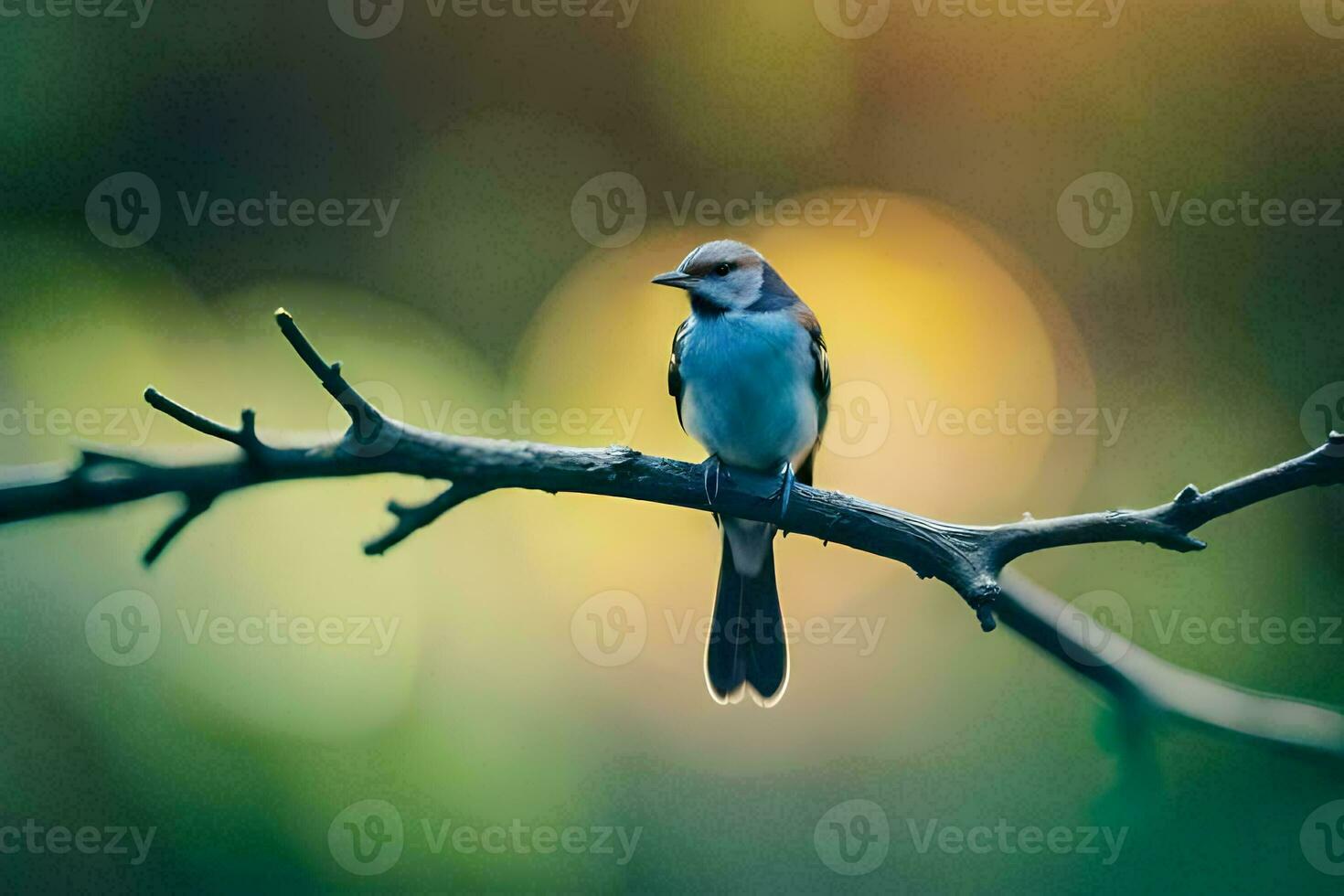 a small bird sits on a branch in front of a blurry background. AI-Generated photo