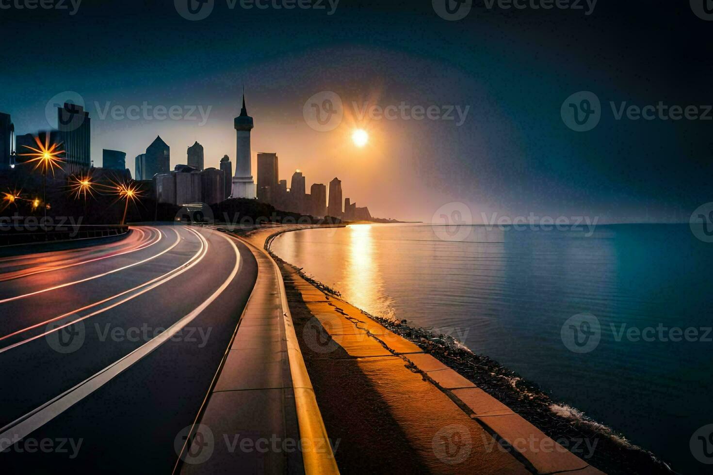 a city skyline with a full moon in the background. AI-Generated photo