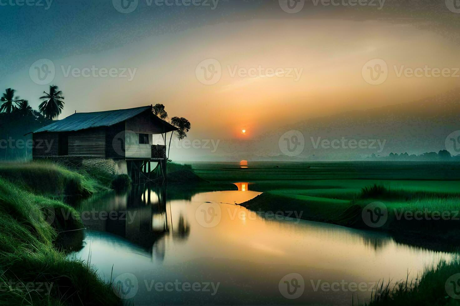 a small house sits on the edge of a river at sunset. AI-Generated photo