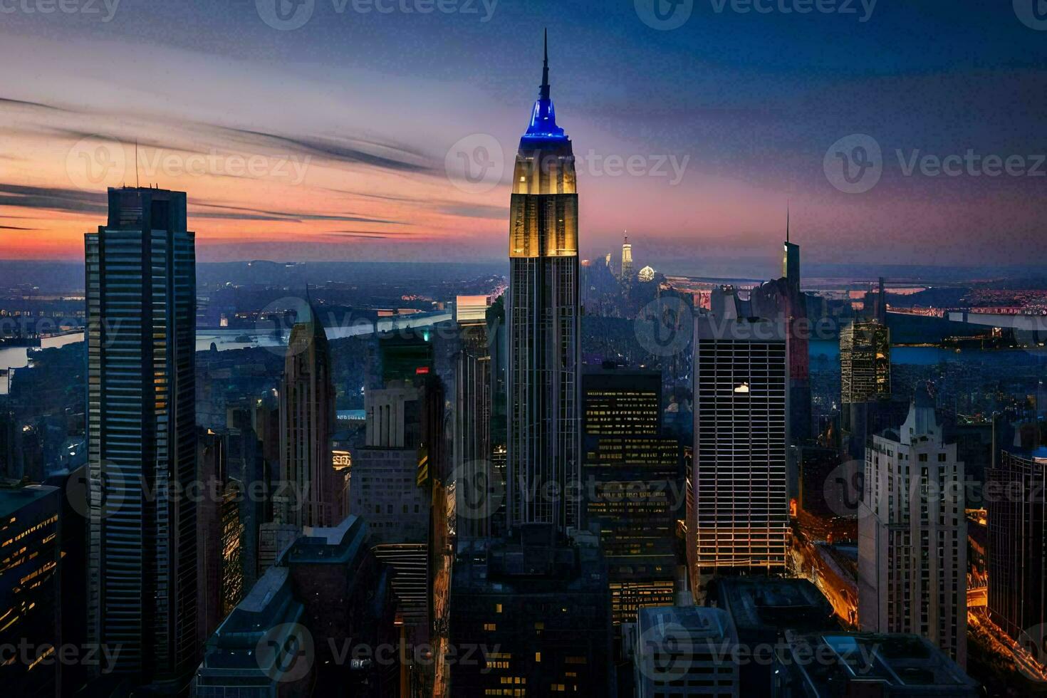 the empire state building is lit up at sunset. AI-Generated photo
