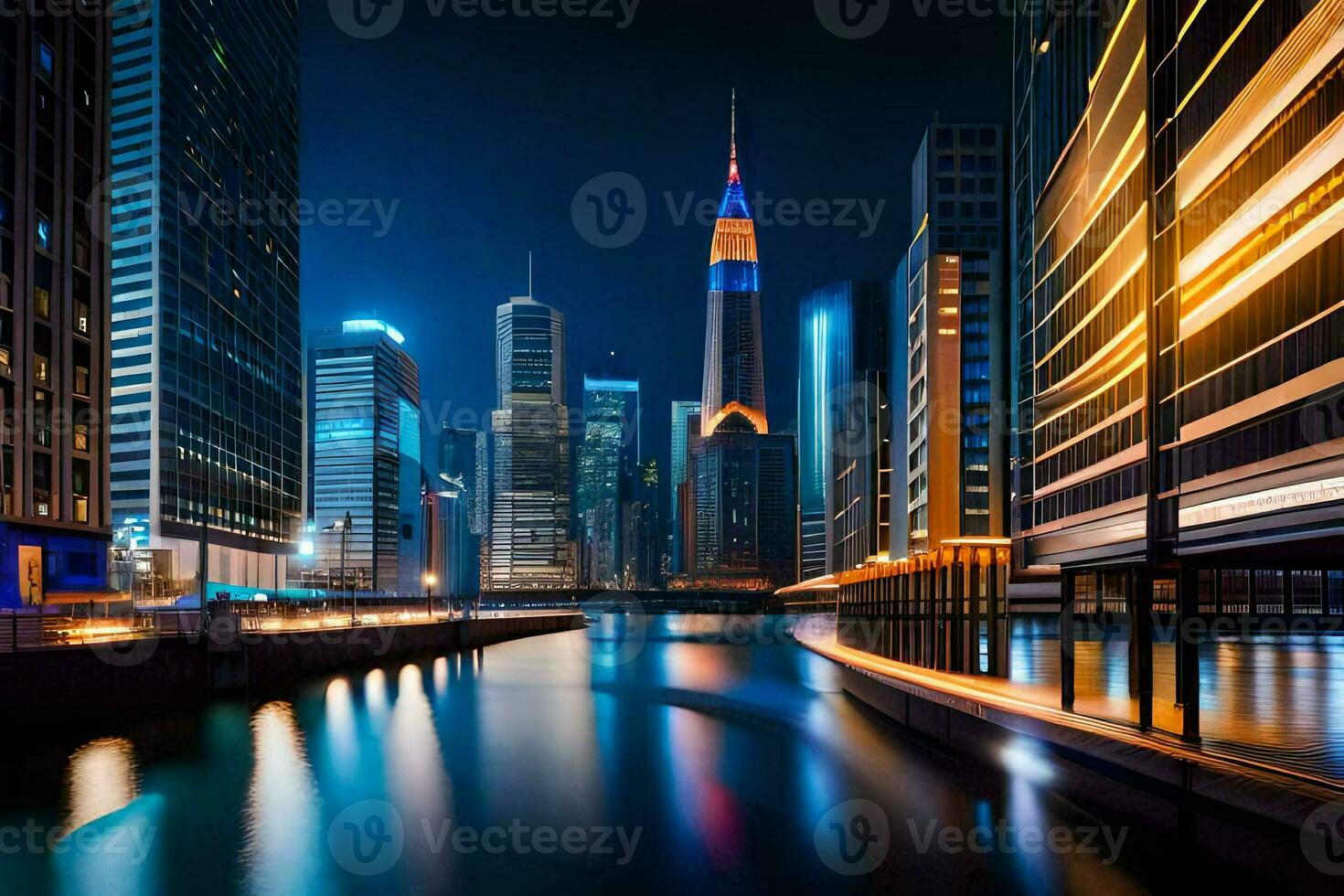 a city at night with a river and buildings. AI-Generated photo
