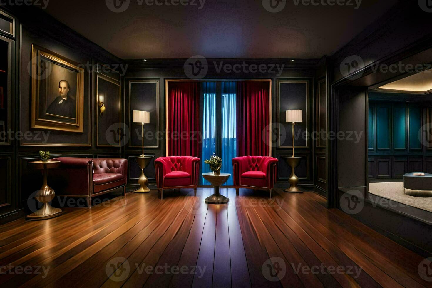 the room has dark wood floors and red chairs. AI-Generated photo