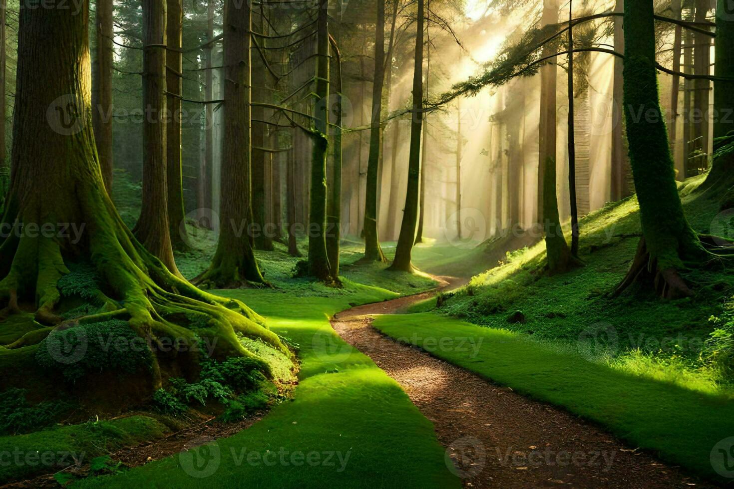 a path through a forest with trees and grass. AI-Generated photo