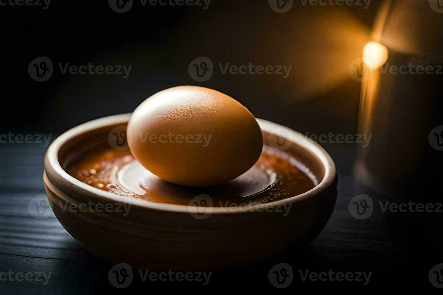 an egg is sitting in a bowl on a table. AI-Generated photo