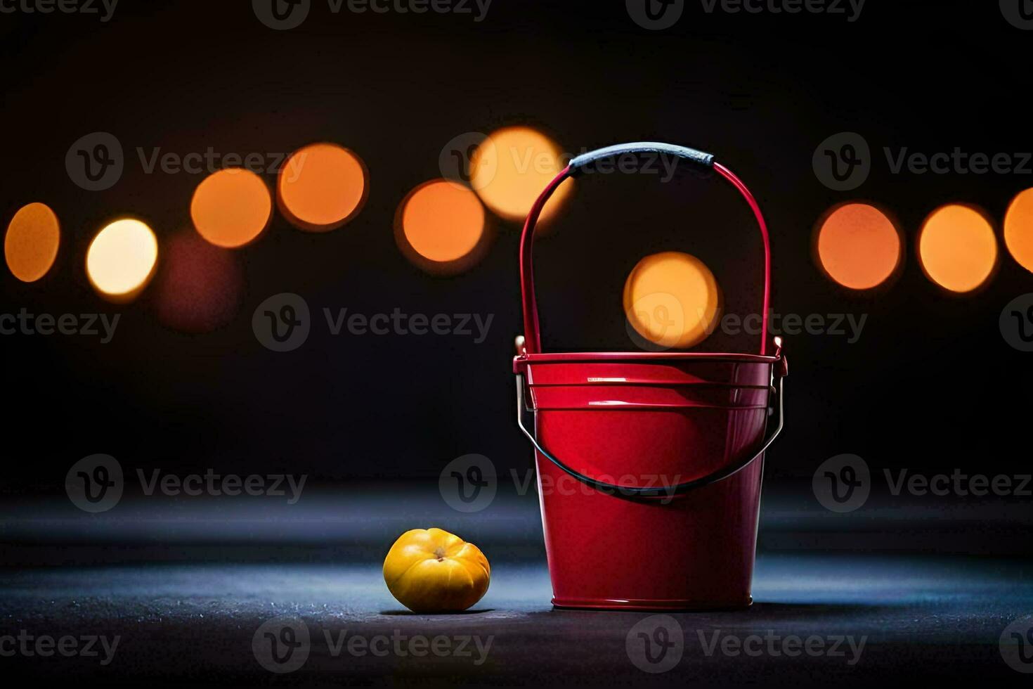 a red bucket and an apple on a table. AI-Generated photo