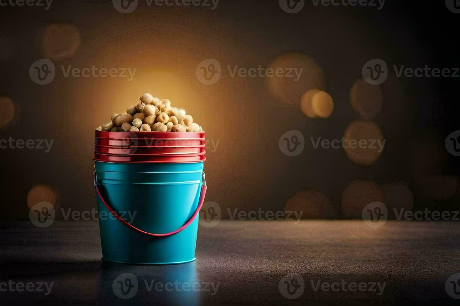 a bucket filled with peanuts on a table. AI-Generated photo
