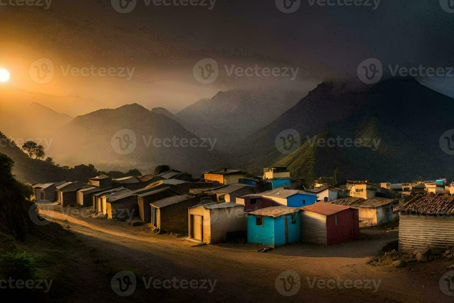 a village in the mountains with a sun setting behind it. AI-Generated photo
