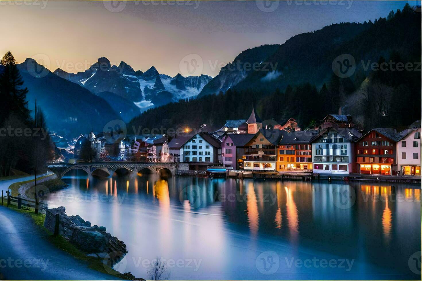 un río y casas en el montañas a oscuridad. generado por ai foto