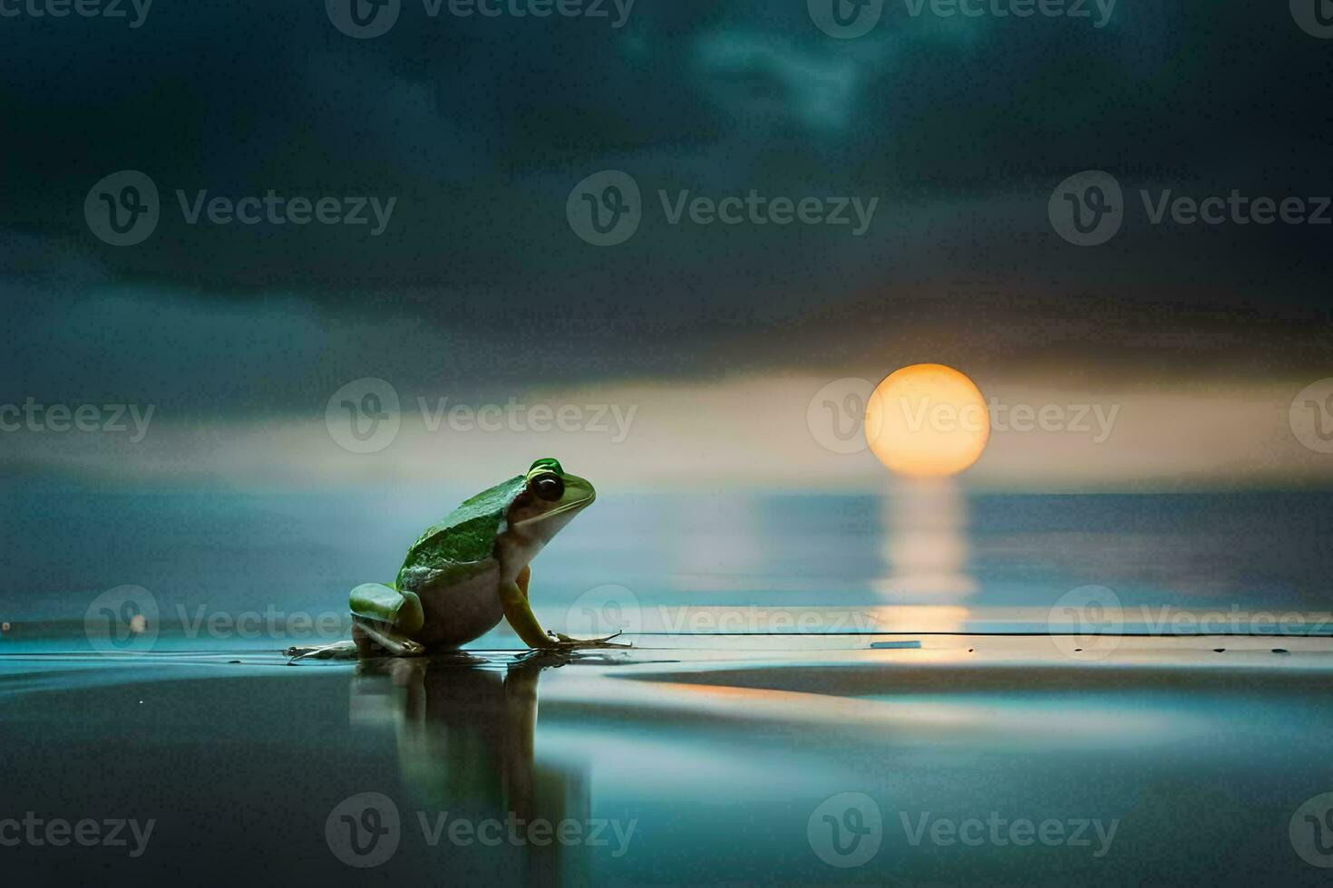 un rana sentado en el playa a noche. generado por ai foto