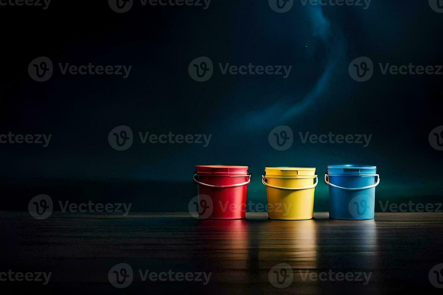 three colorful buckets on a dark wooden floor. AI-Generated photo