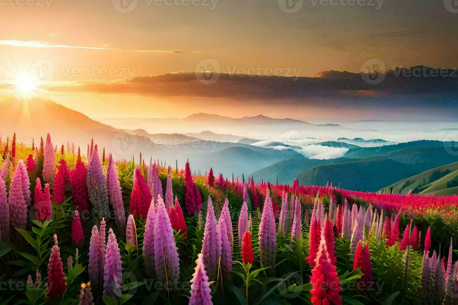 the sun is setting over a field of pink flowers. AI-Generated photo