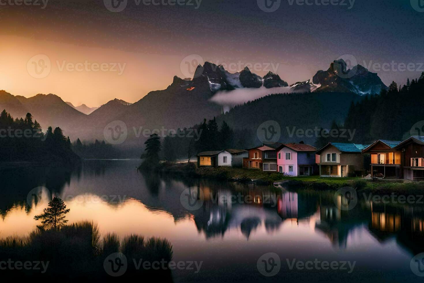 photo wallpaper the sky, mountains, lake, house, the mountains, the lake, the mountains. AI-Generated