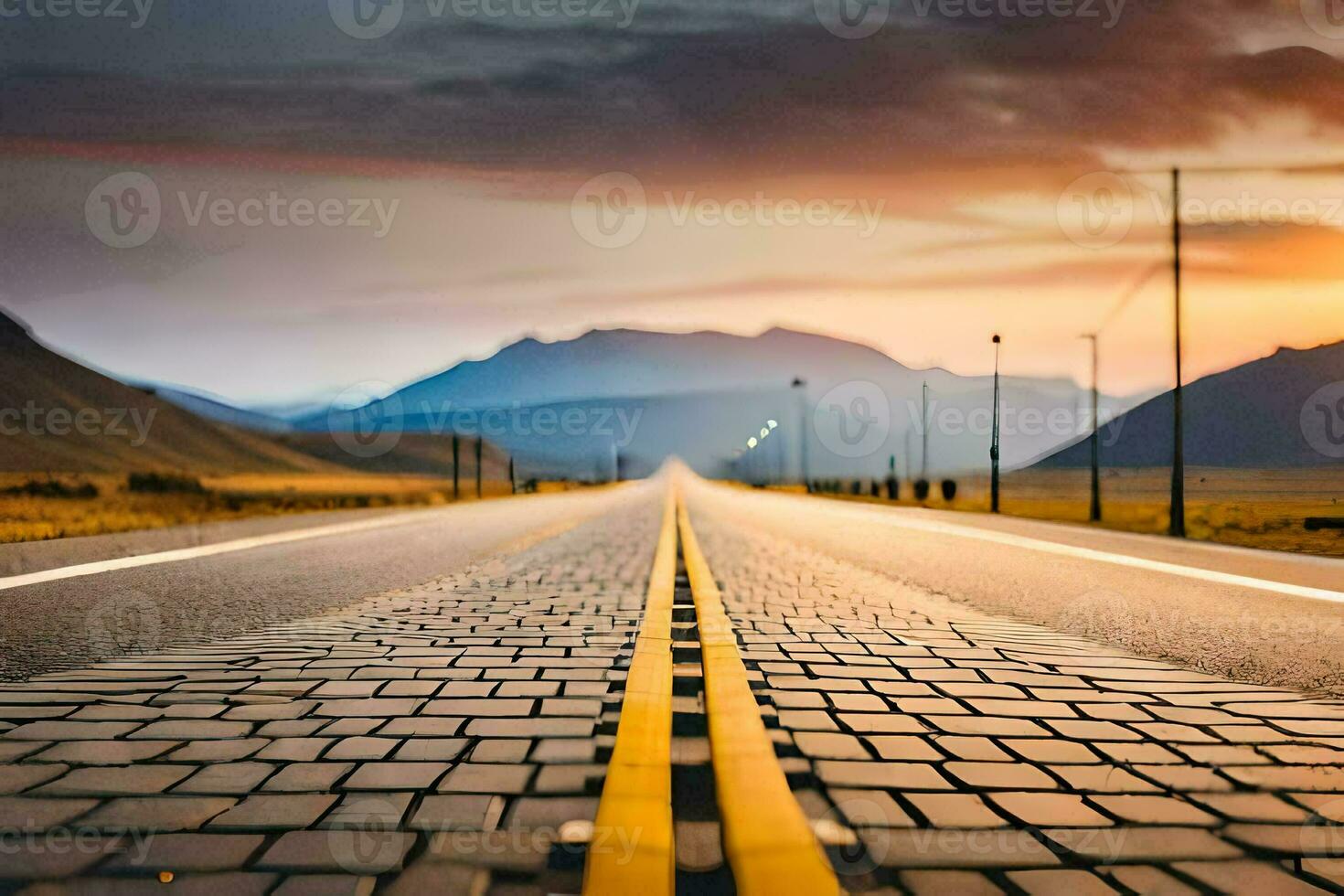 a long empty road with mountains in the background. AI-Generated photo