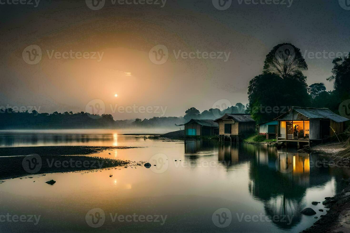 the sun rises over a lake and some houses. AI-Generated photo