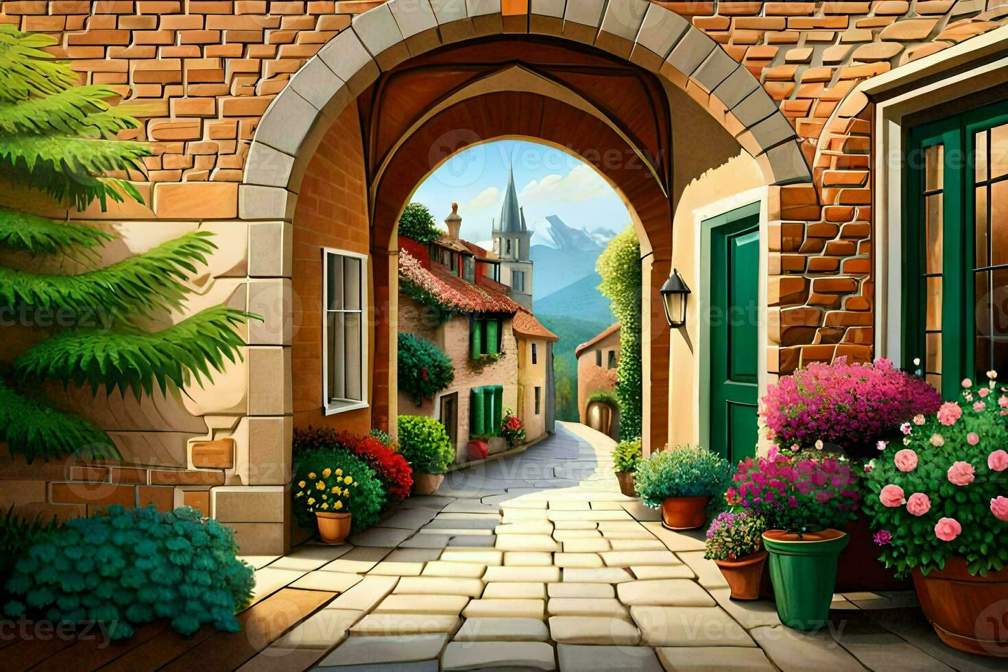 an illustration of a street with flowers and a house. AI-Generated photo