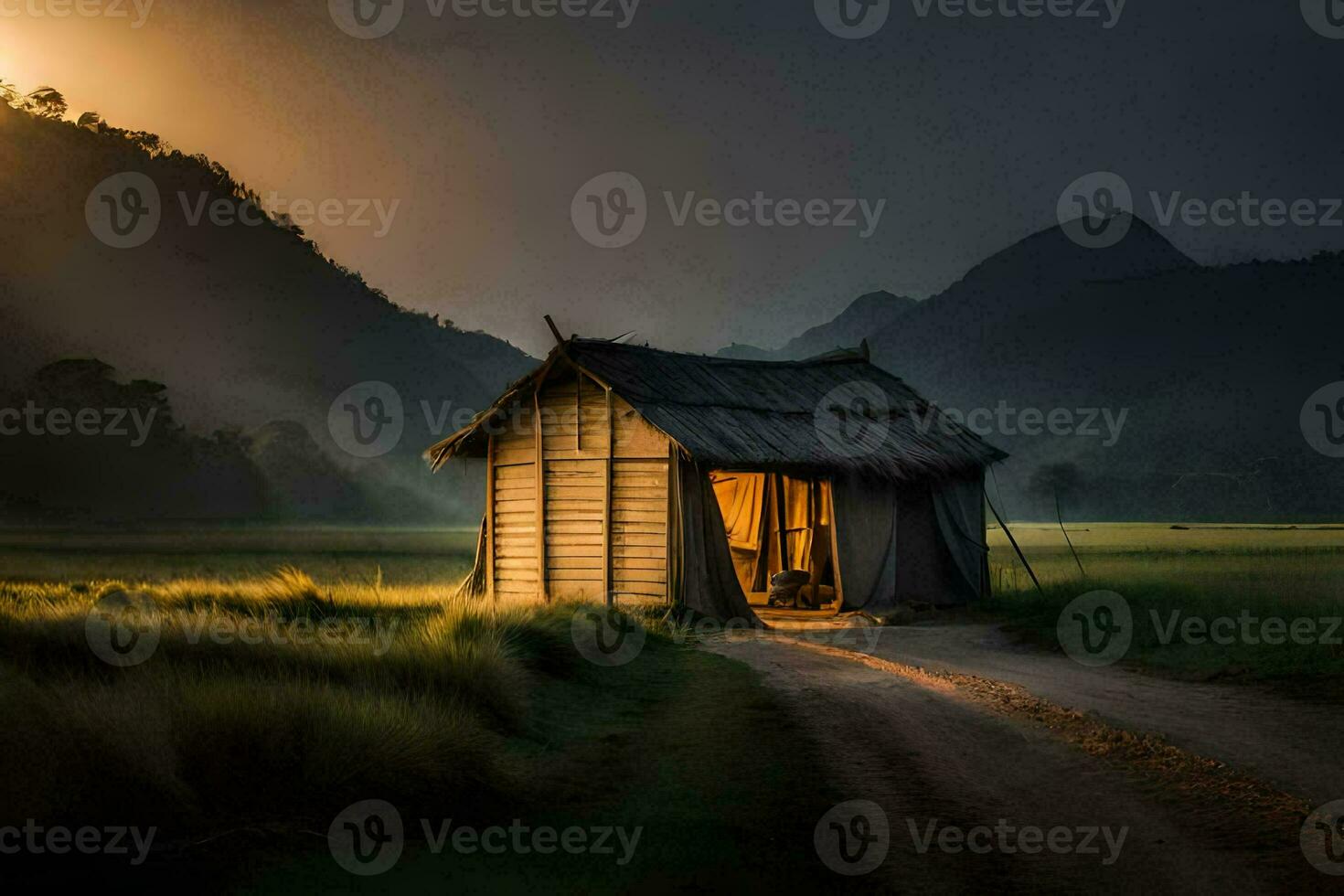 the hut in the middle of the road. AI-Generated photo
