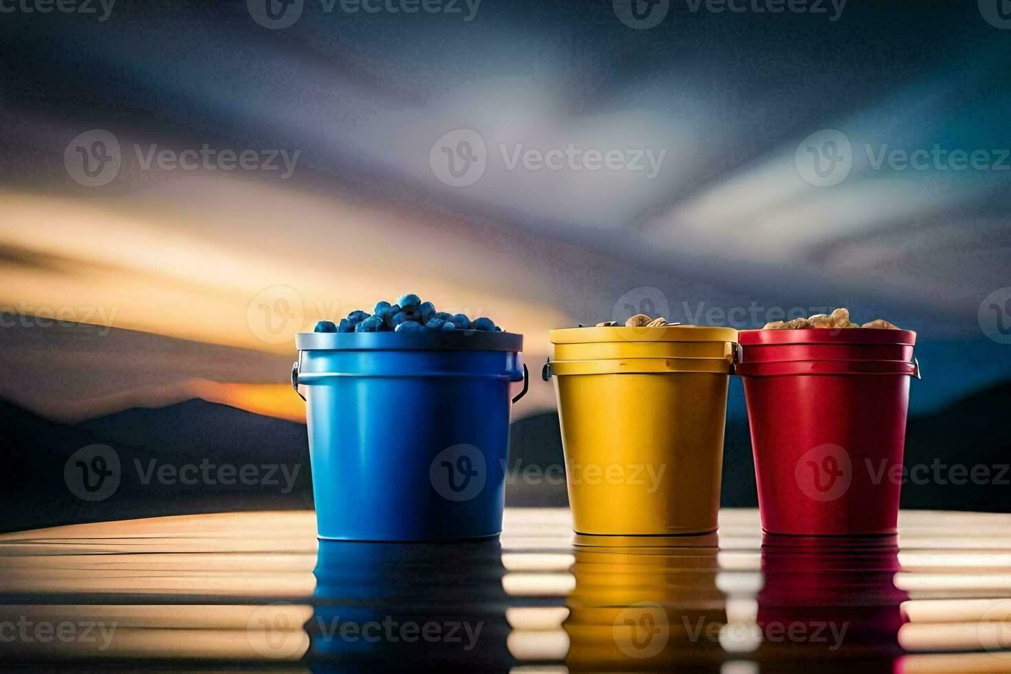 three buckets of popcorn on a table with a sunset in the background. AI-Generated photo