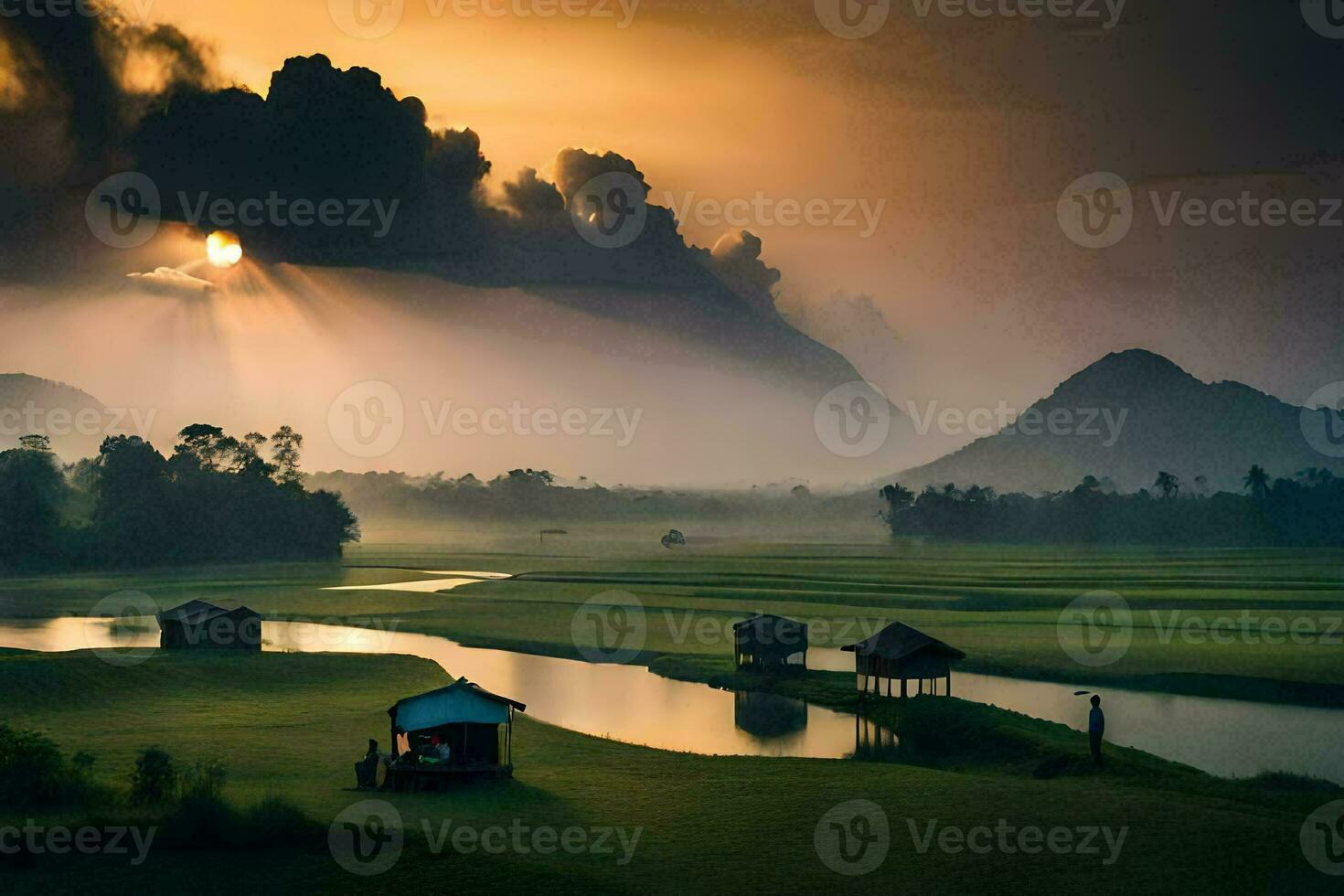 photo wallpaper the sky, clouds, mountains, water, grass, house, river, sunrise,. AI-Generated