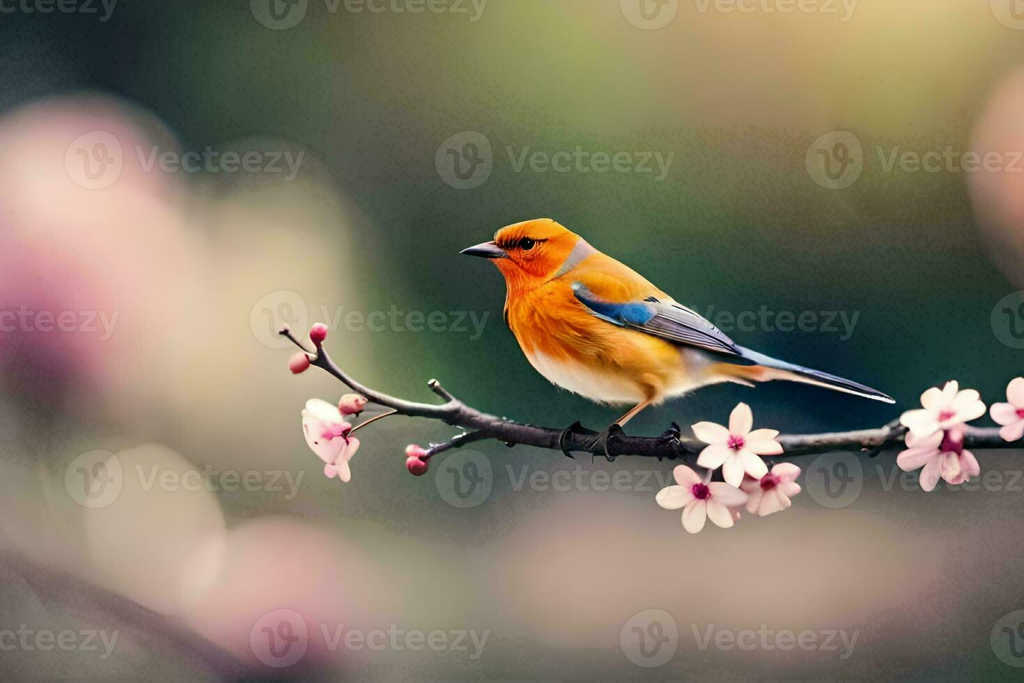 a bird sits on a branch with pink flowers. AI-Generated photo