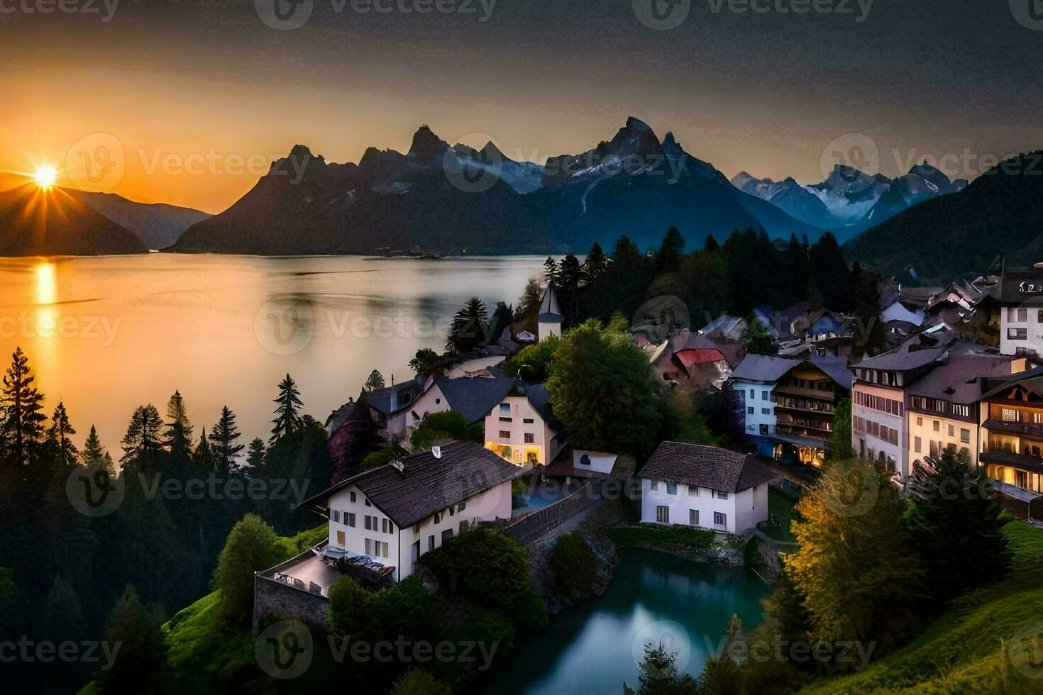 el Dom conjuntos terminado un pueblo en el montañas. generado por ai foto