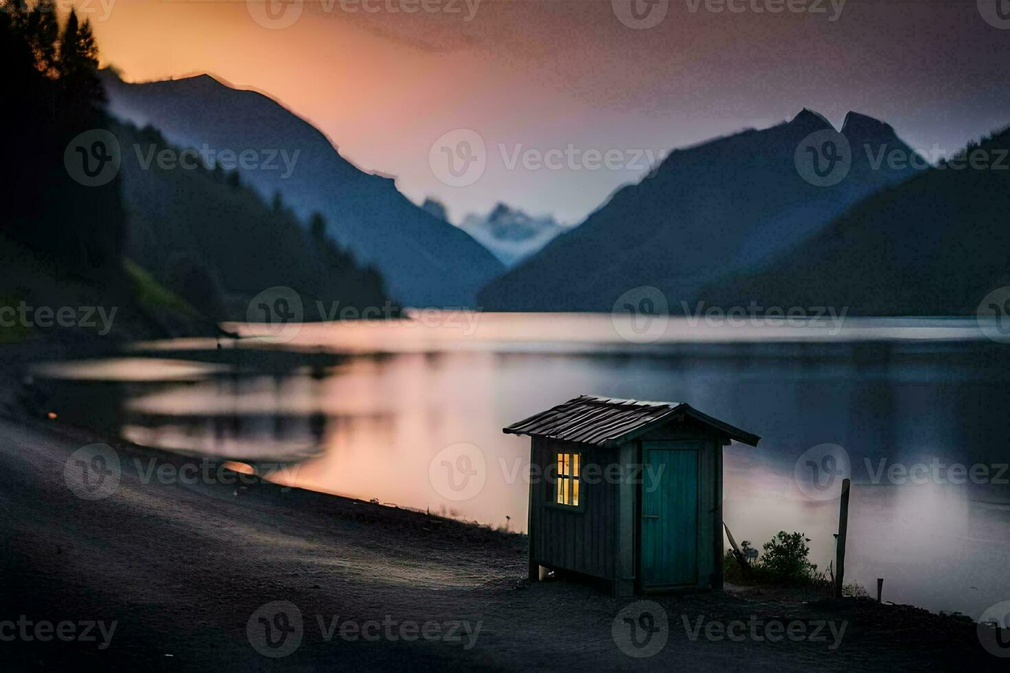 the lake, the sunset, the mountains, the house, the lake, the sunset, the. AI-Generated photo