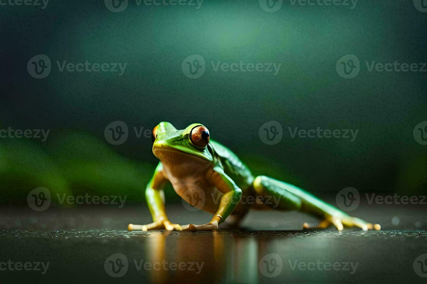 a frog is sitting on a table with a green background. AI-Generated photo