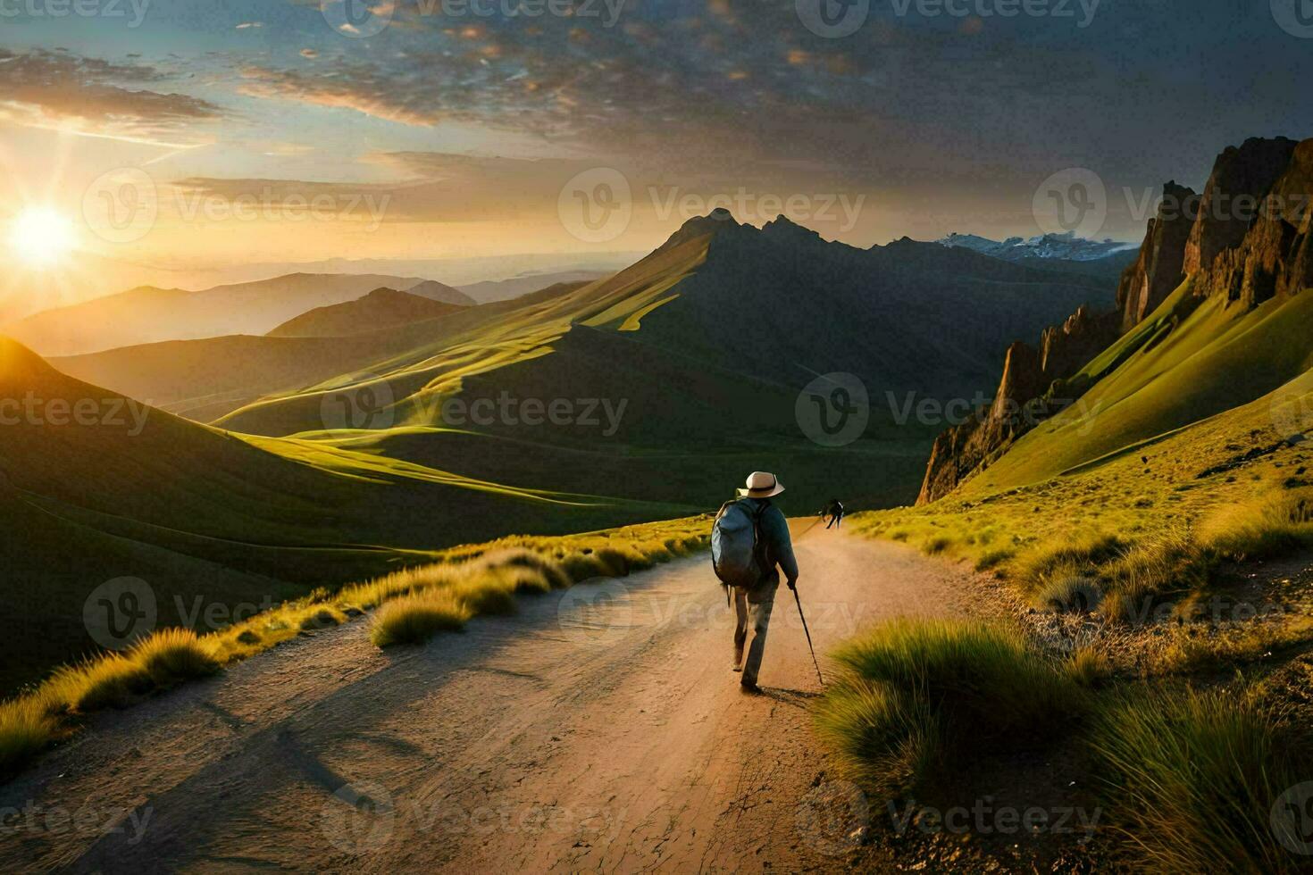 a man walks along a dirt road in the mountains. AI-Generated photo