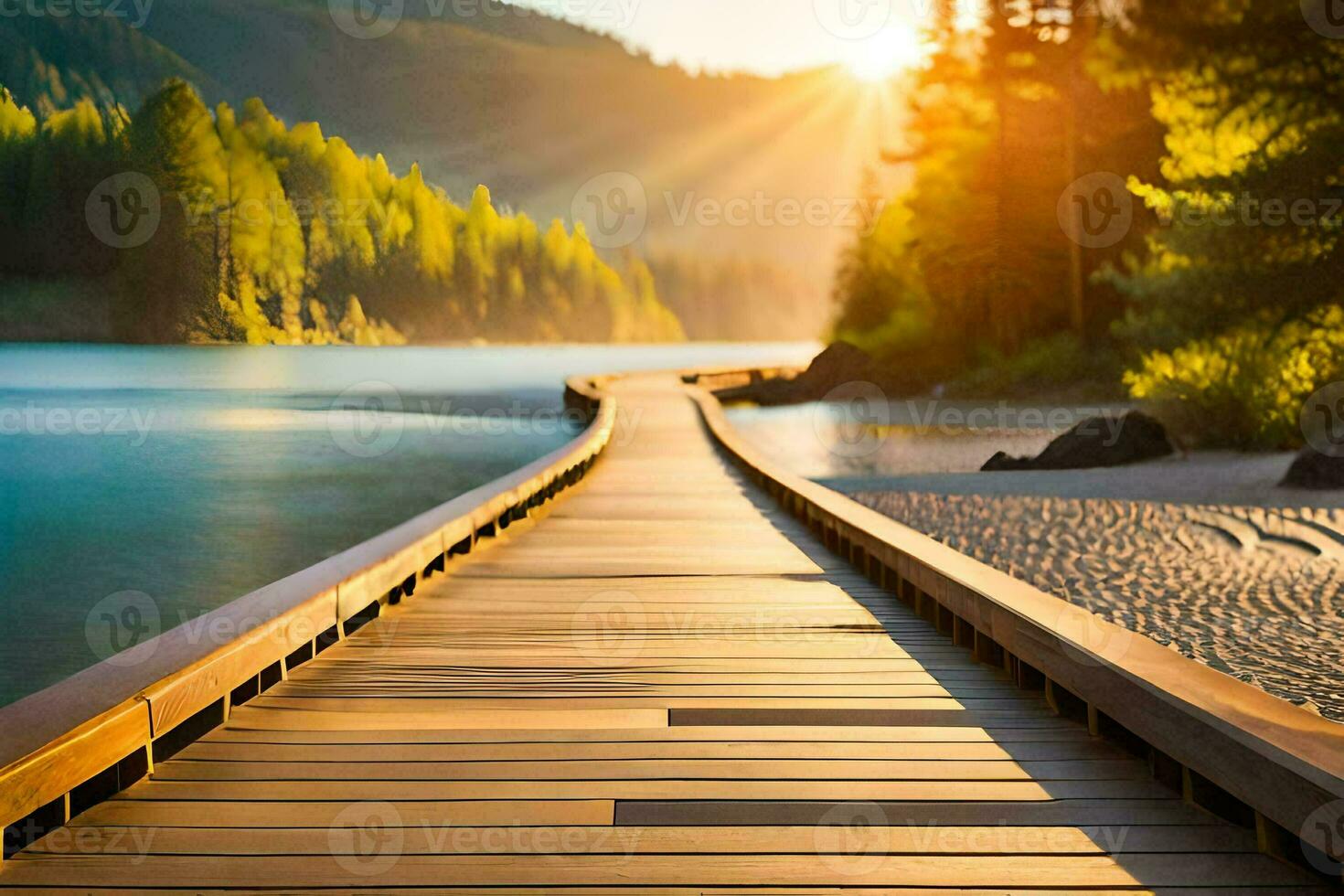 a wooden walkway leads to a lake and mountains. AI-Generated photo