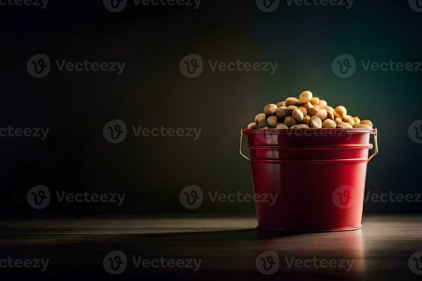 a red bucket filled with peanuts on a dark table. AI-Generated photo
