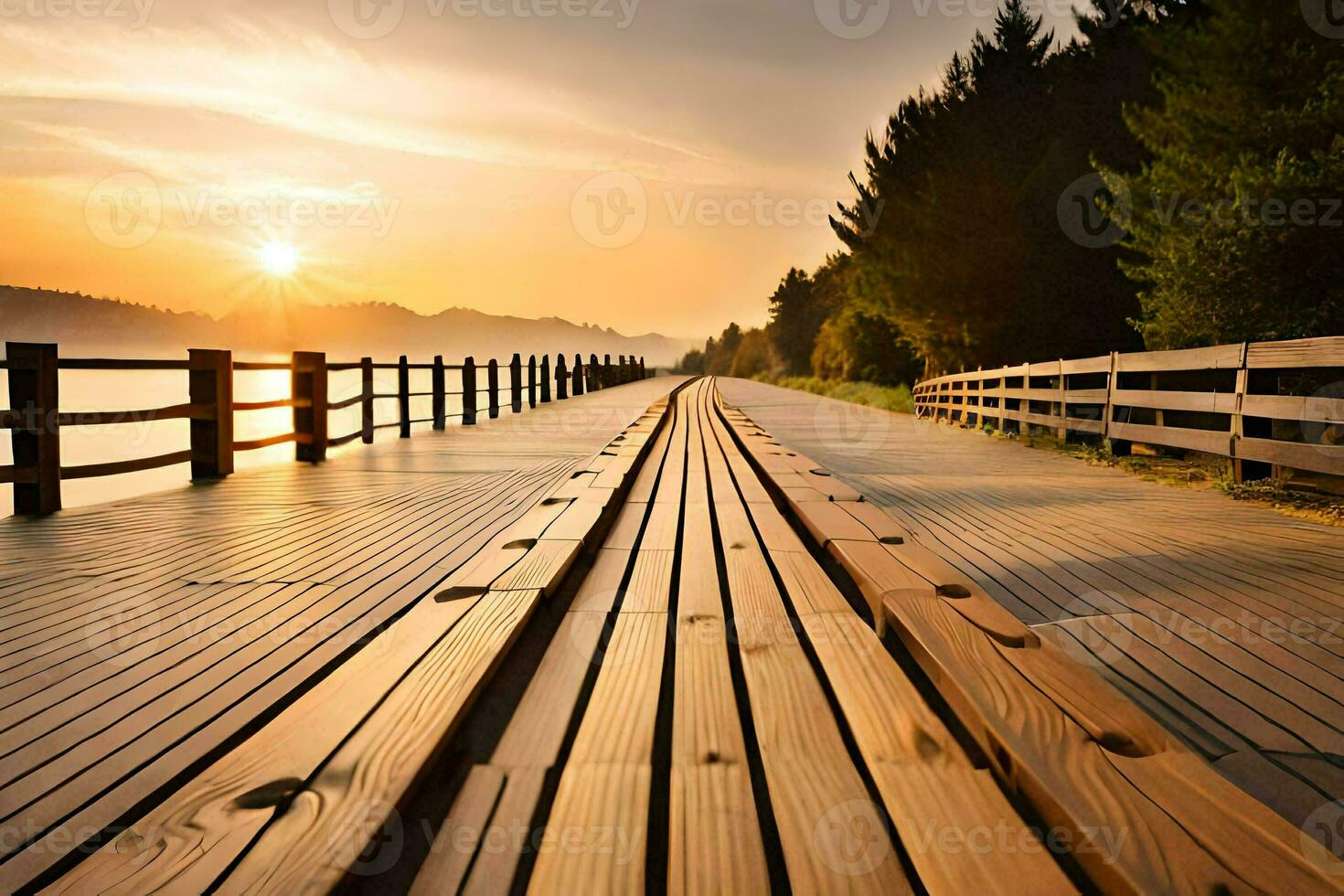 a wooden bridge leads to the sun. AI-Generated photo