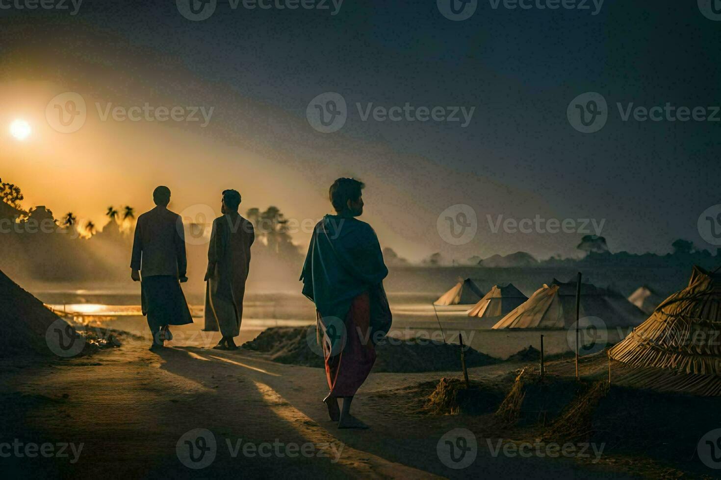 three people walking along a dirt road at sunset. AI-Generated photo