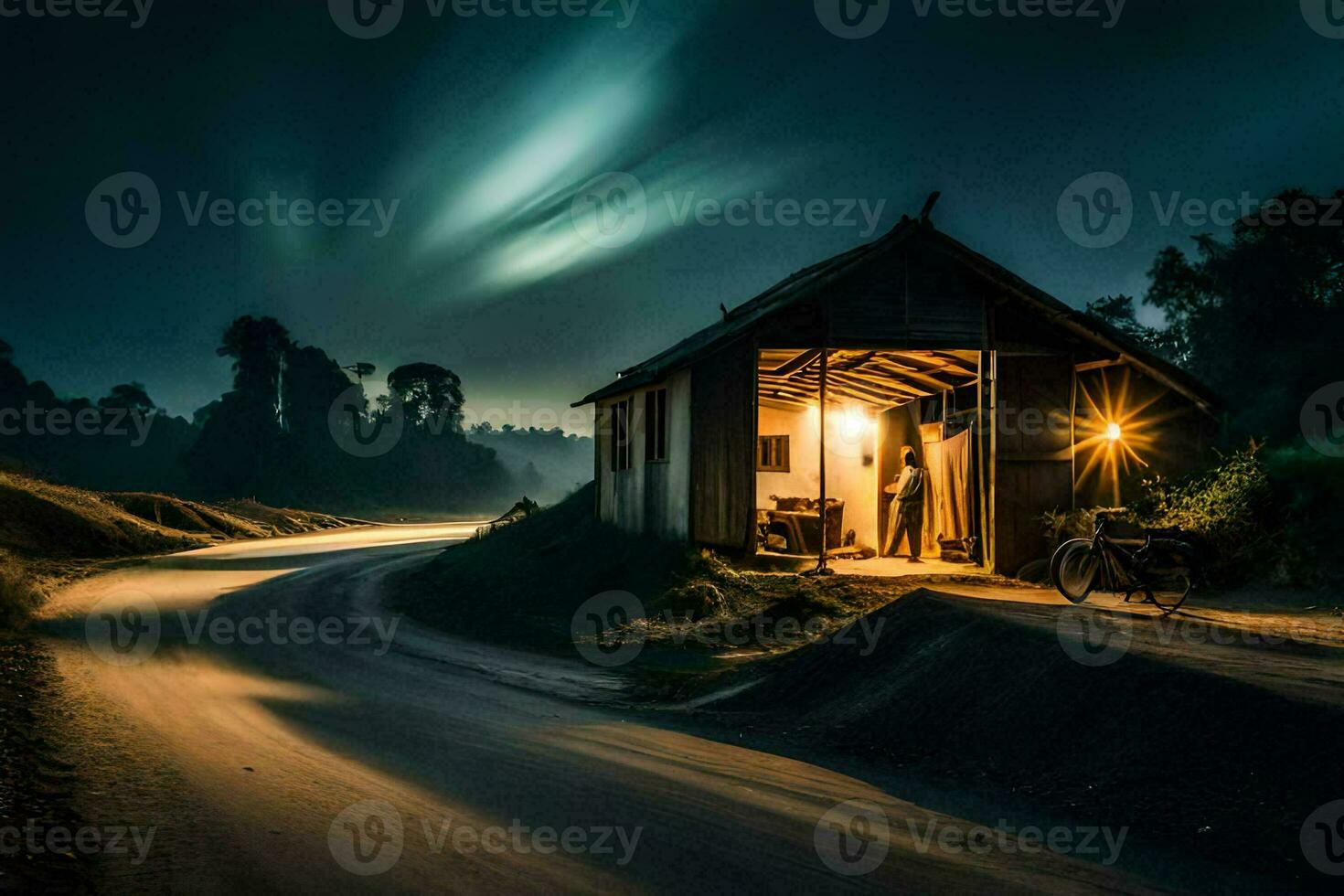 a man is standing outside of a small cabin at night. AI-Generated photo