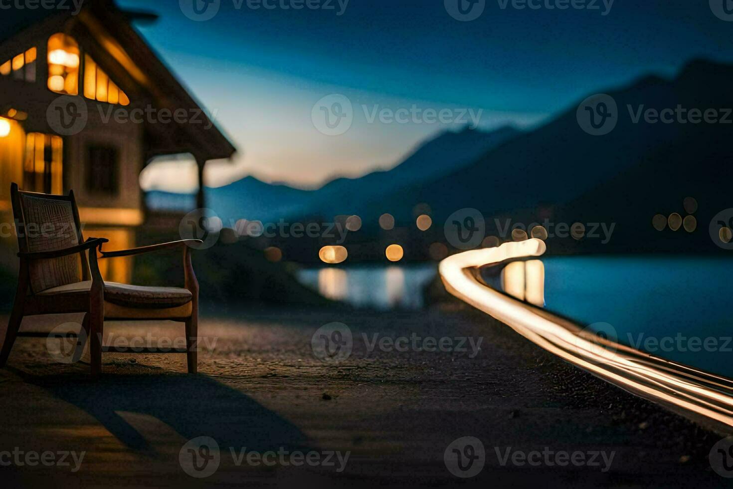 un silla se sienta en el lado de un la carretera a noche. generado por ai foto