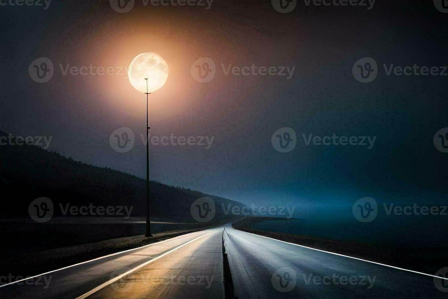 a long road with a moon in the sky. AI-Generated photo