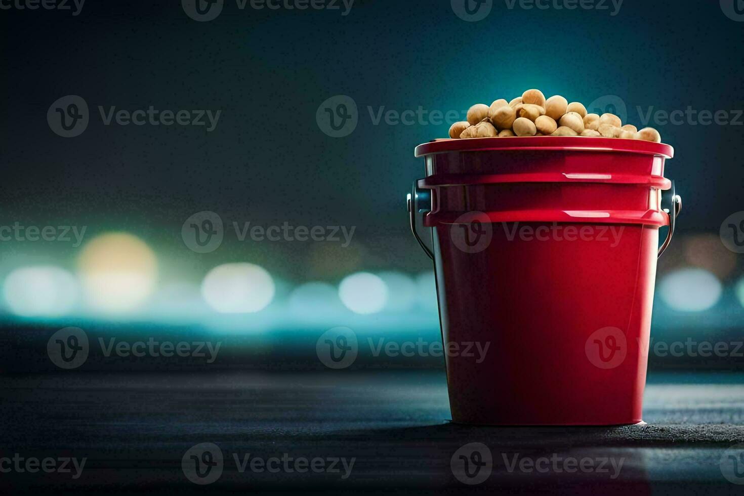 a red bucket filled with peanuts on a table. AI-Generated photo