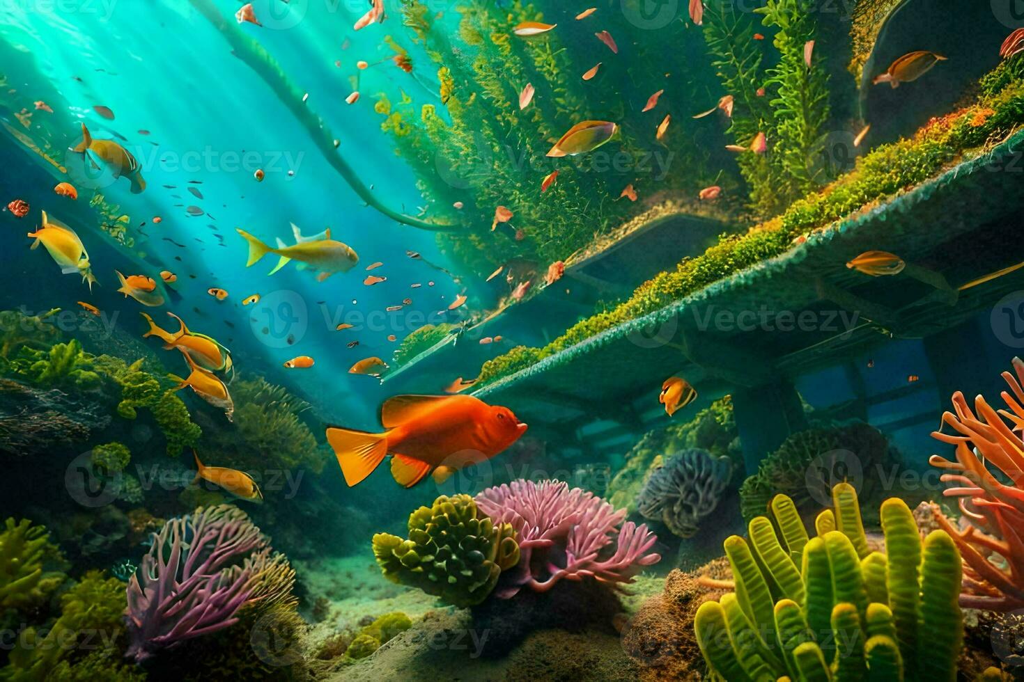 underwater scene with coral reefs and fish. AI-Generated photo