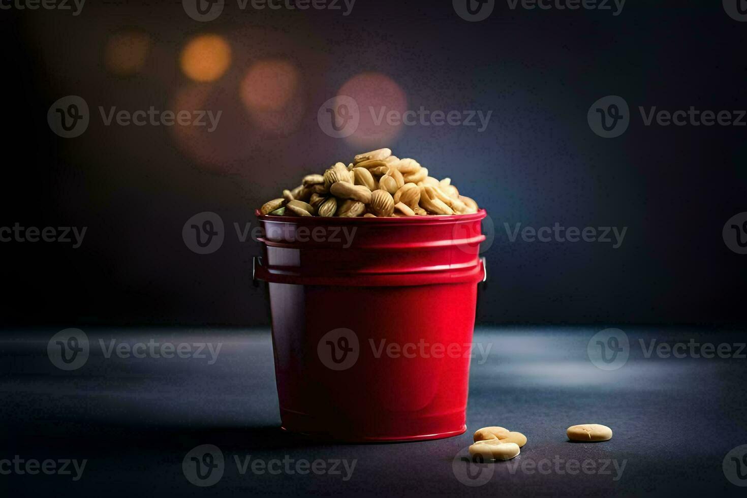 a red bucket filled with peanuts on a dark background. AI-Generated photo