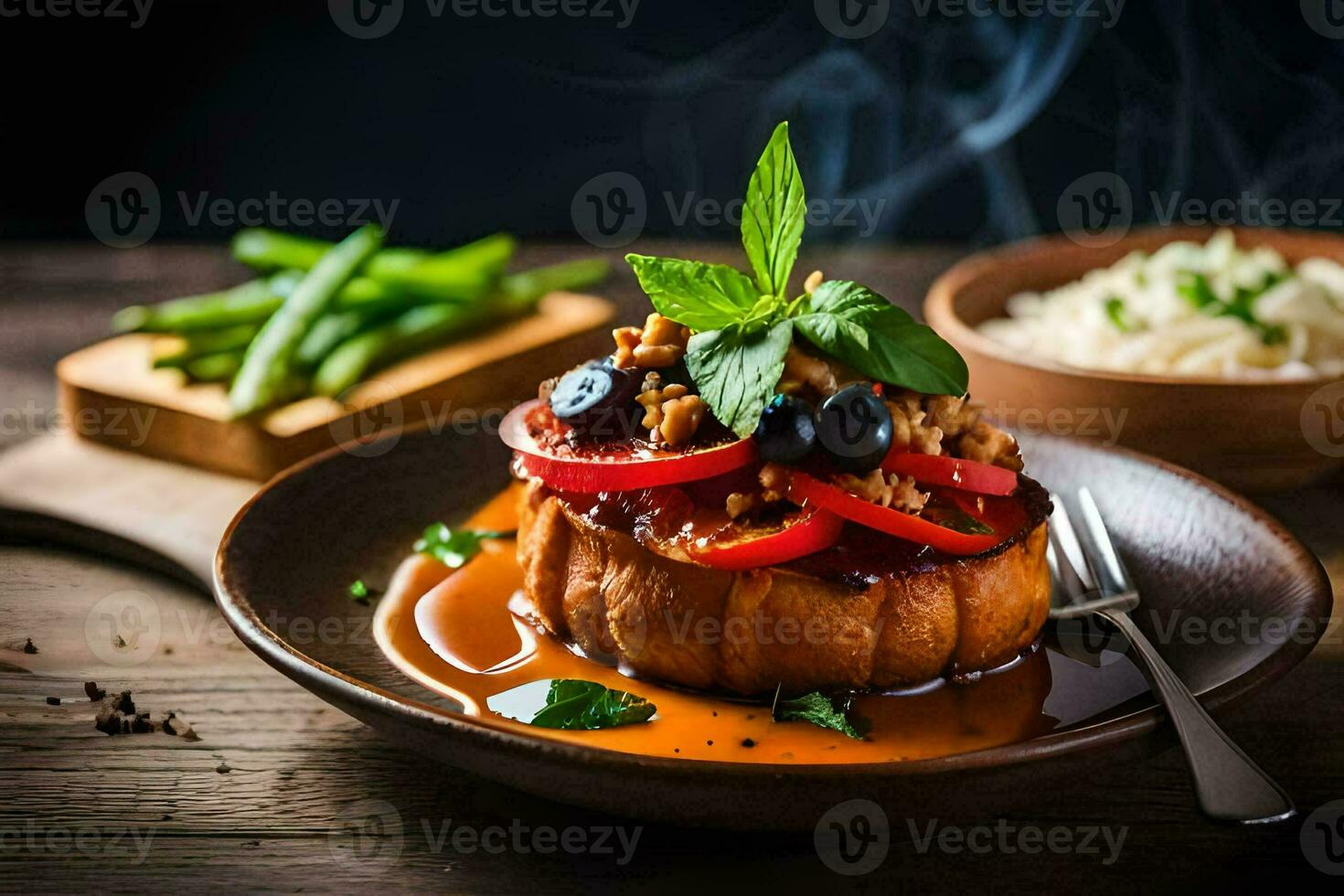 the food is served on a plate with a fork and a knife. AI-Generated photo