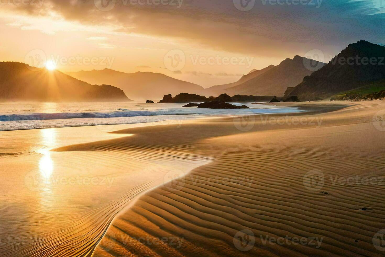 the sun rises over the ocean and mountains in this beautiful beach photo. AI-Generated photo