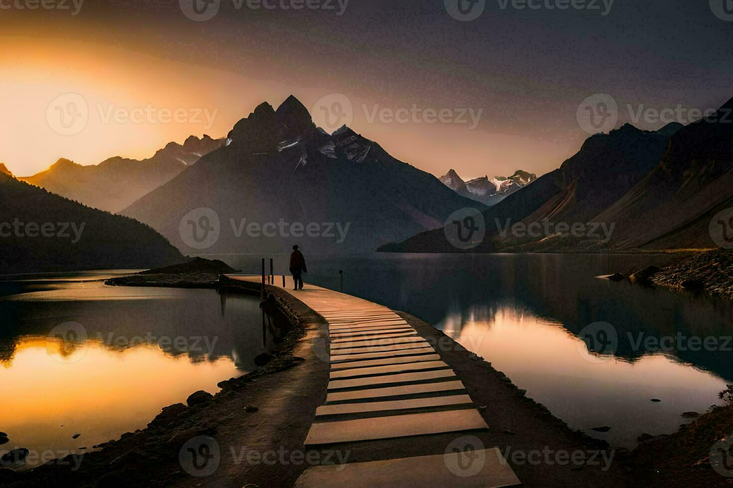 a man stands on a wooden walkway over a lake at sunset. AI-Generated photo