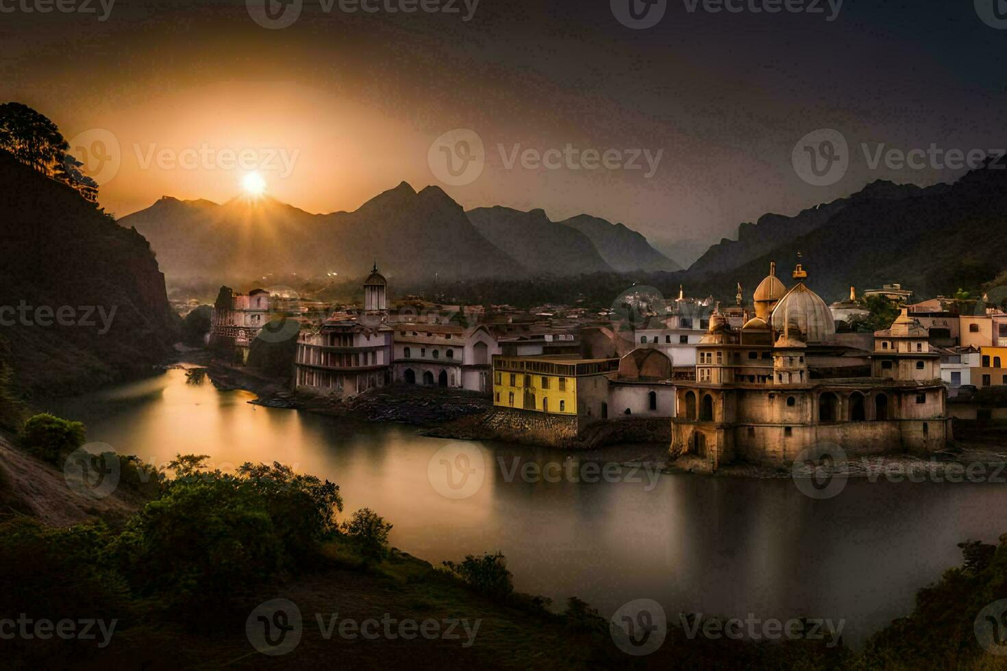 the sun sets over a river in india. AI-Generated photo