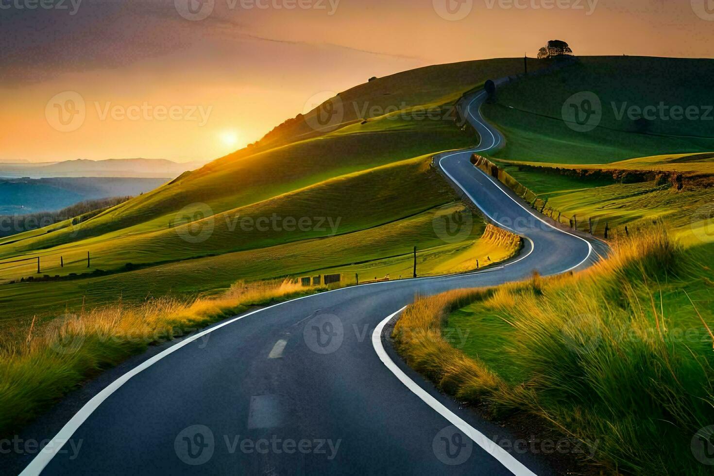 a winding road in the countryside at sunset. AI-Generated photo