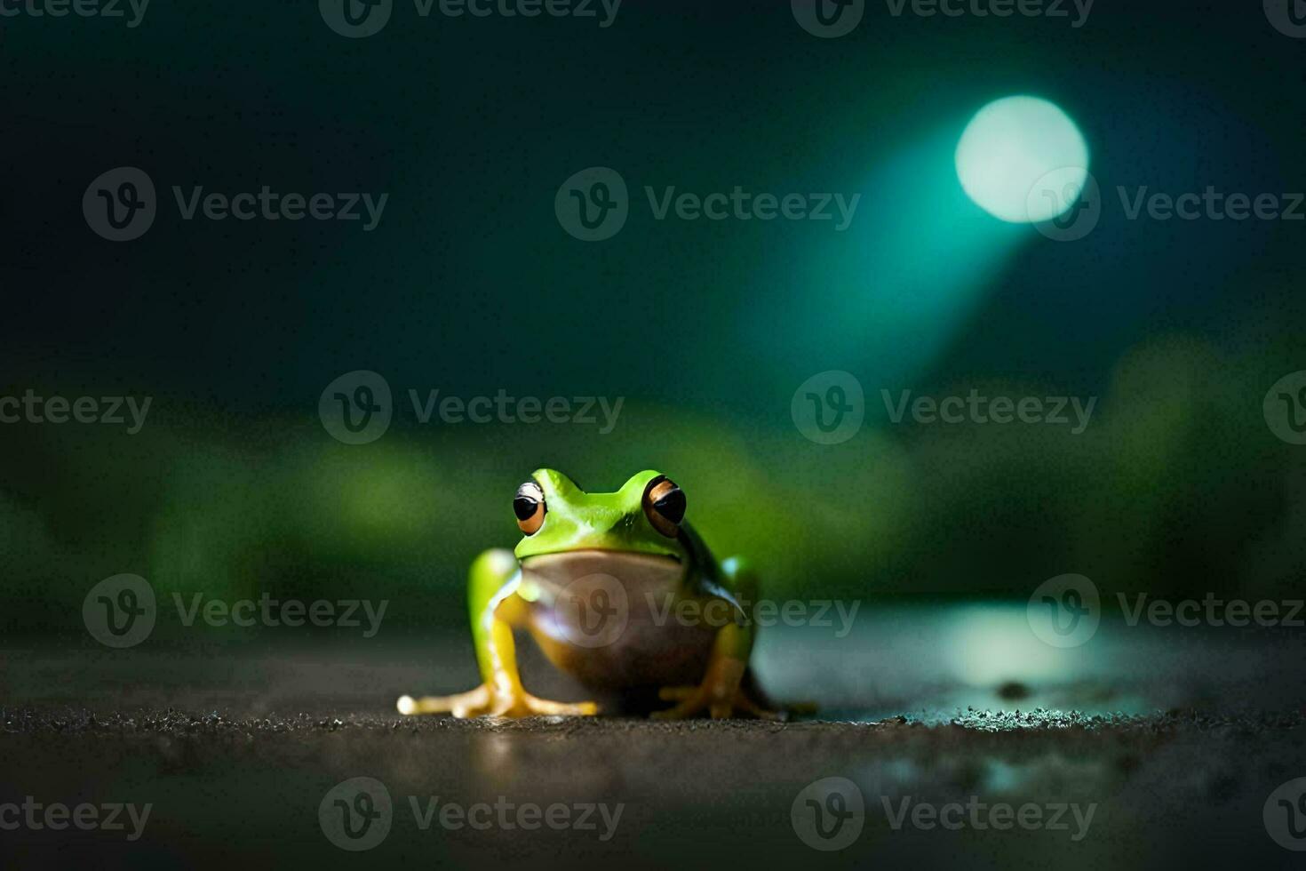 a frog sitting on the ground in front of a green light. AI-Generated photo