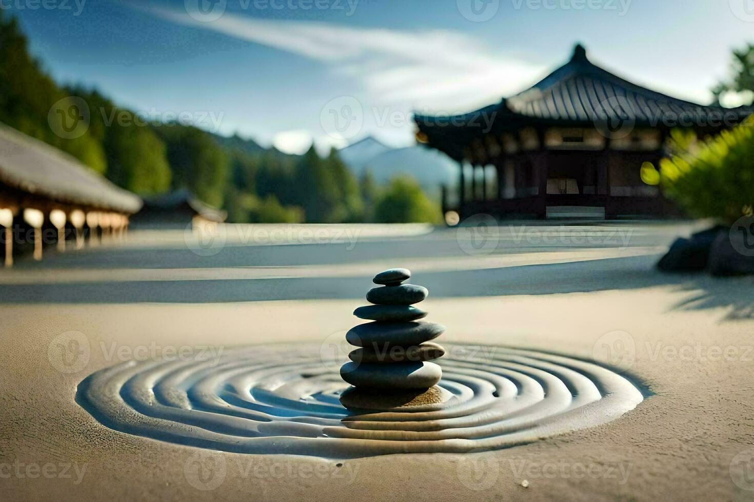 a rock pile sits on the sand in front of a pagoda. AI-Generated photo
