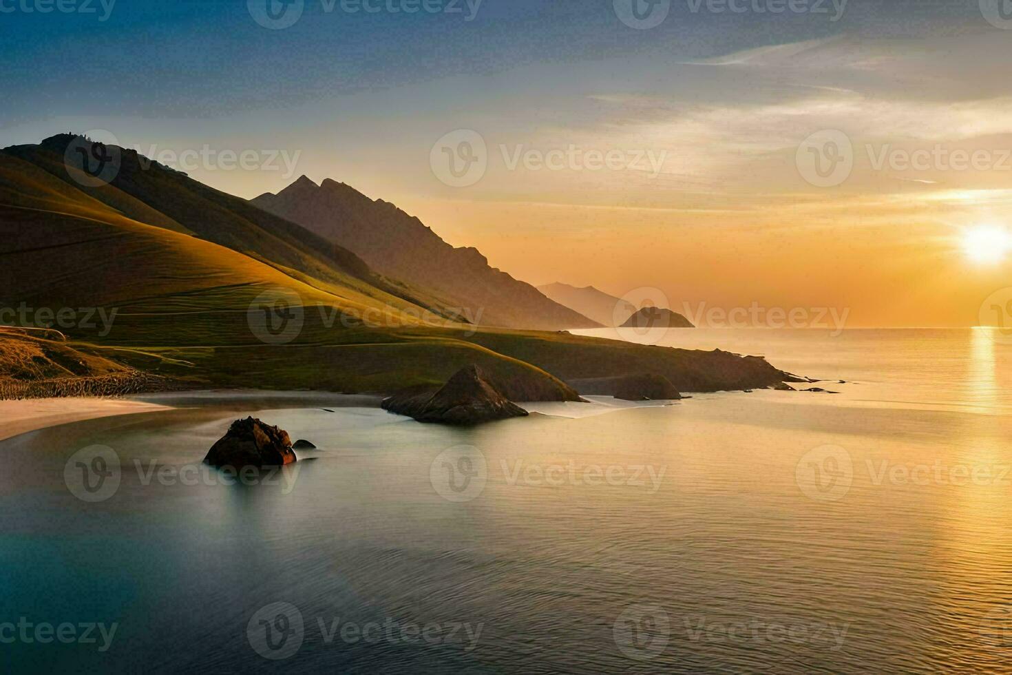 the sun sets over a beach and mountains. AI-Generated photo