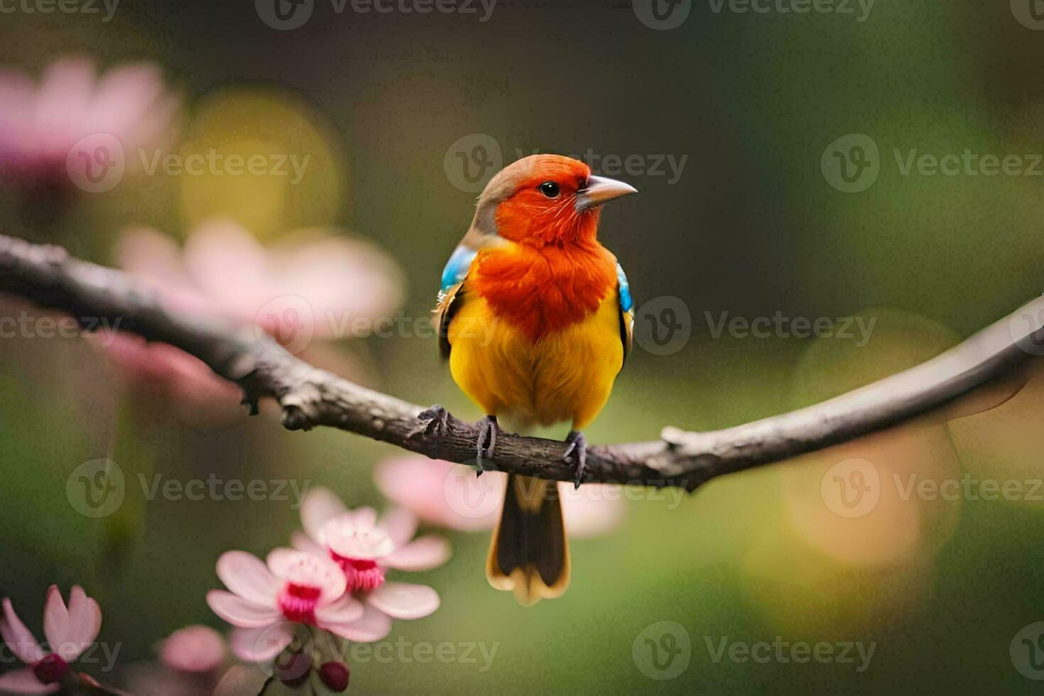 a colorful bird sits on a branch with pink flowers. AI-Generated photo