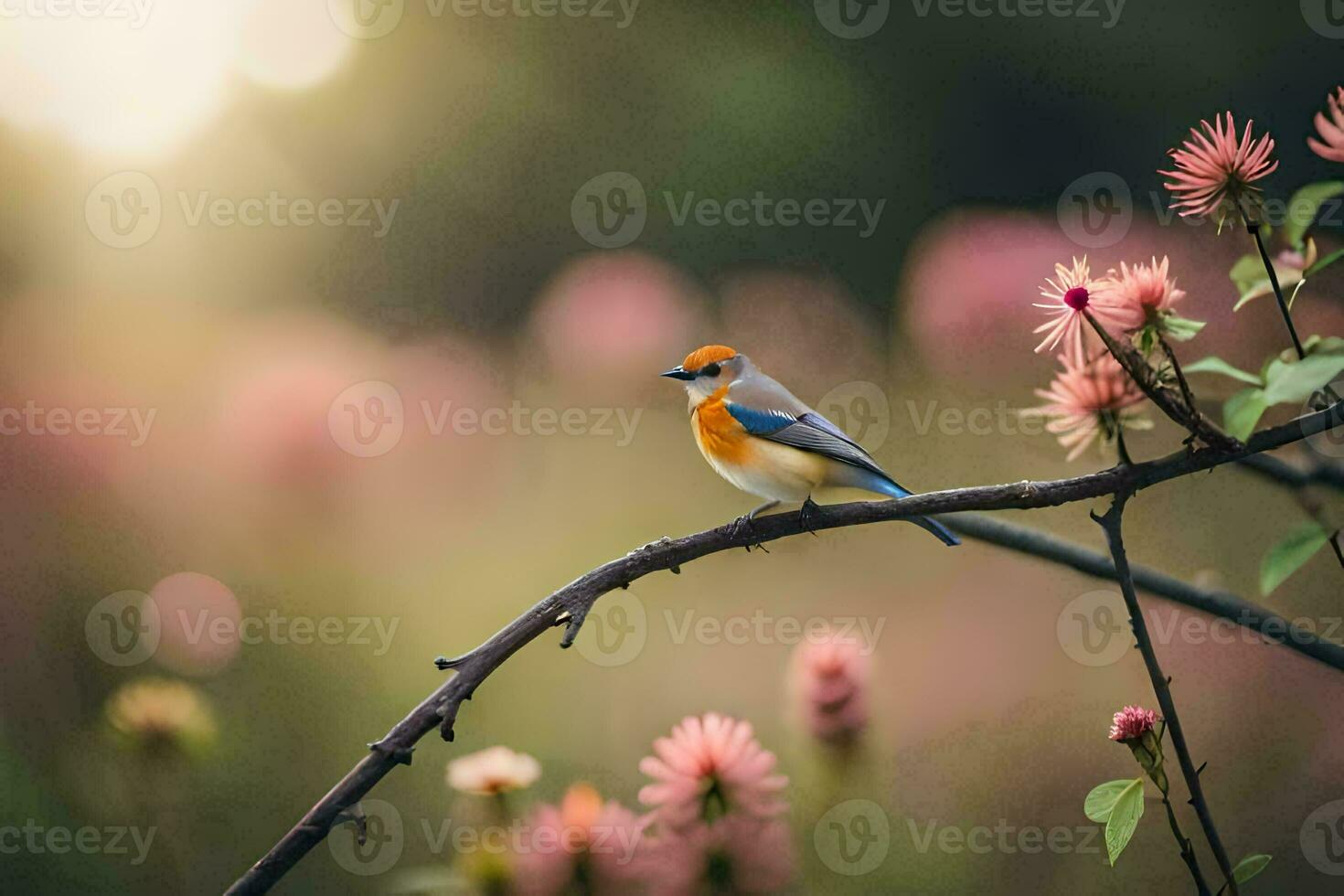 un azul pájaro se sienta en un rama en frente de rosado flores generado por ai foto