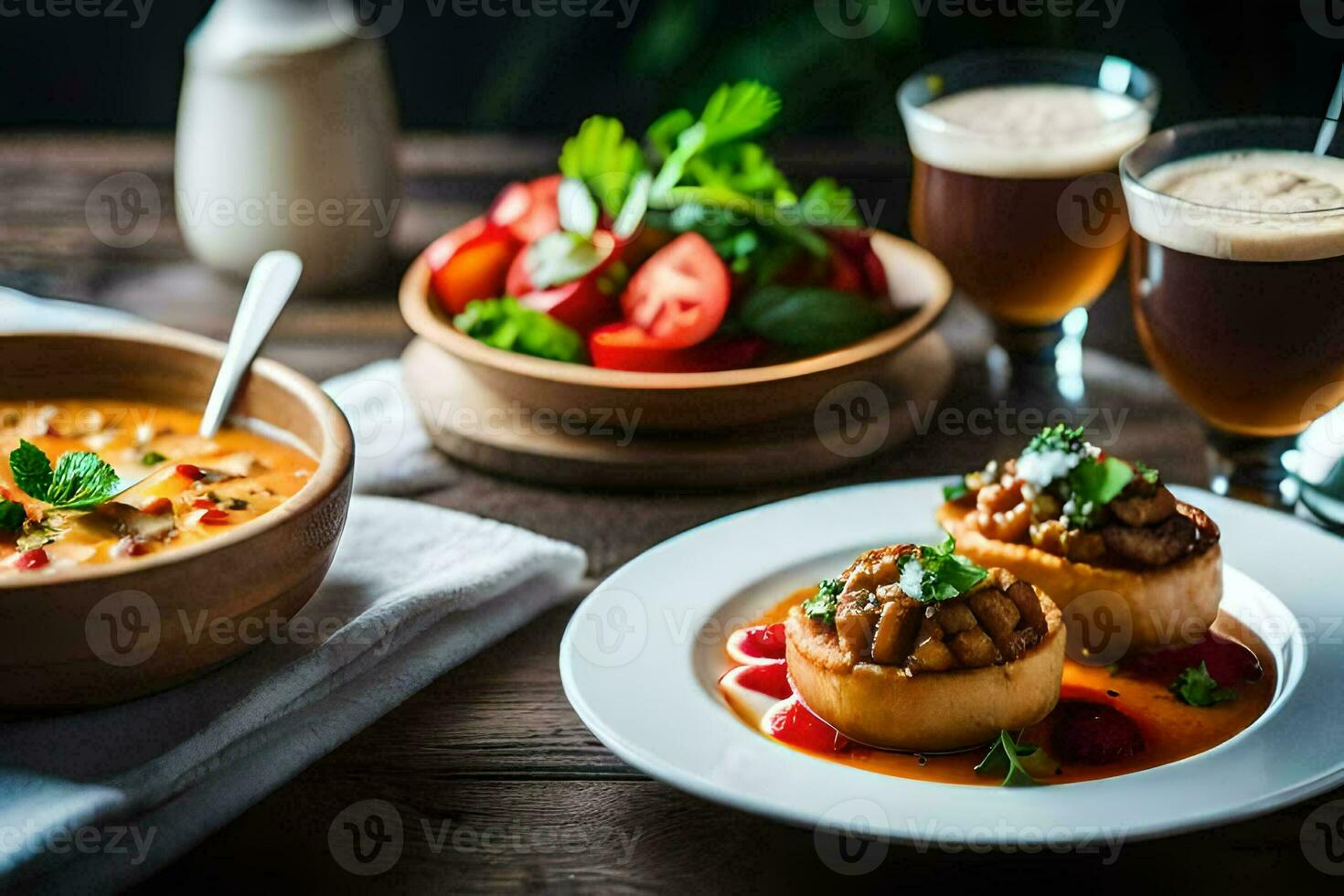 a table with food and drinks on it. AI-Generated photo