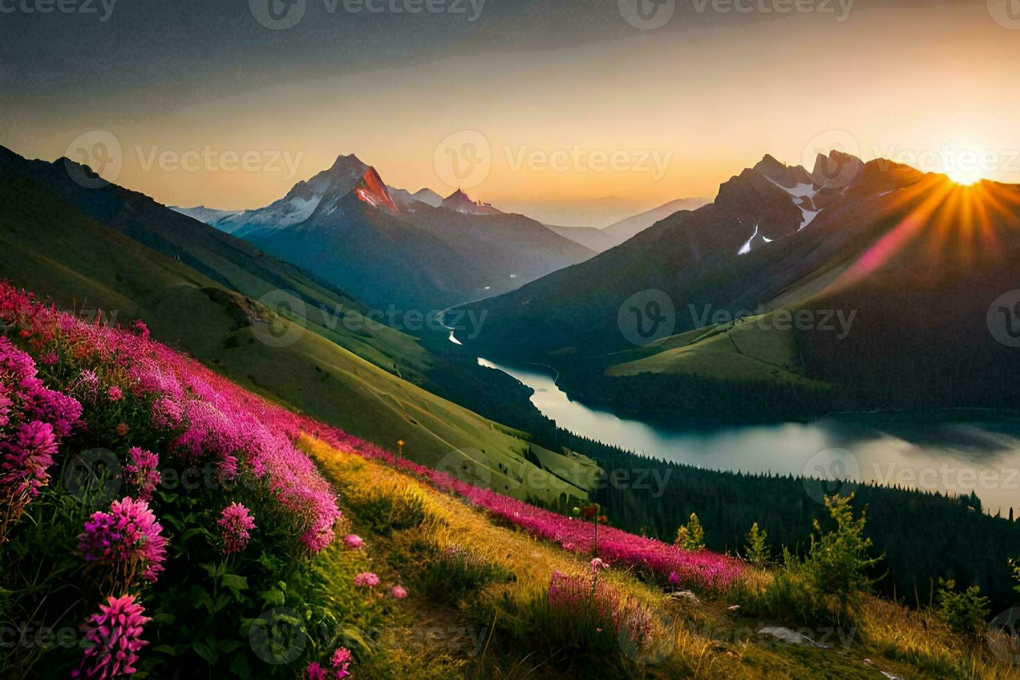 el Dom sube terminado el montañas y el flores floración en el valle. generado por ai foto